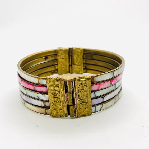 Vintage Brass Mother of Pearl Boho Bracelet - Picture 12 of 12
